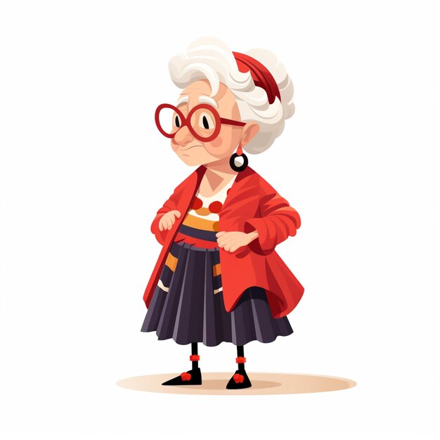 cartoon old woman in glasses and a red coat standing with her hands on her hips generative ai