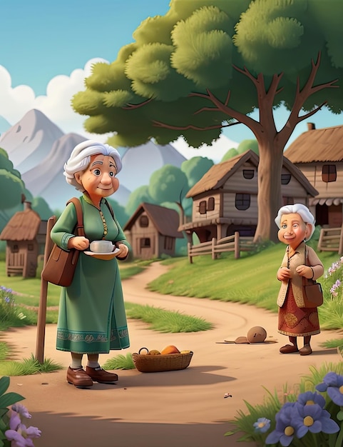 Cartoon old woman and man in the village illustration for children