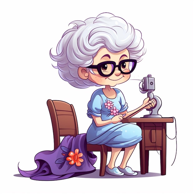 Photo cartoon old woman sitting at a sewing machine generative ai