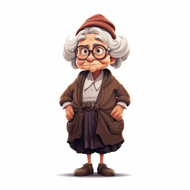 Cartoon old woman in standing pose on white background