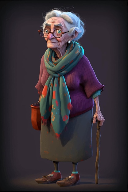 A cartoon of an old woman with a cane and a cane.