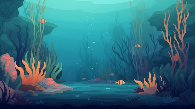 Foto cartoon onderwater scène met koralen en vissen in de oceaan generatieve ai