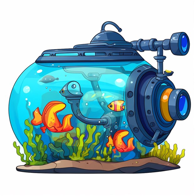 Foto cartoon onderzeeër met een camera en vis in het aquarium generatieve ai