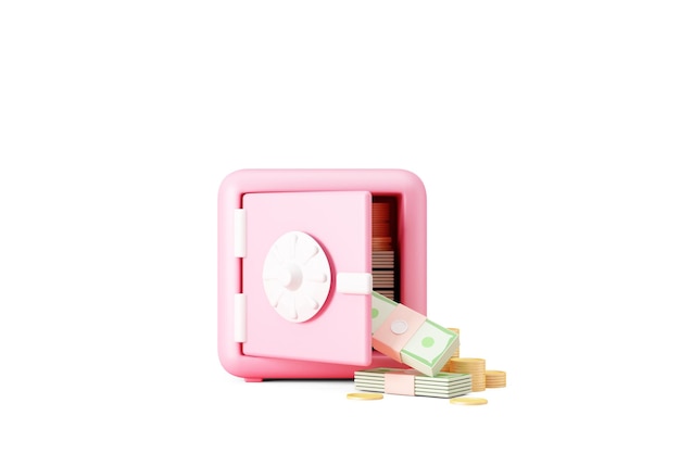 Foto cartoon open pink bank safe met geld binnen op witte achtergrond