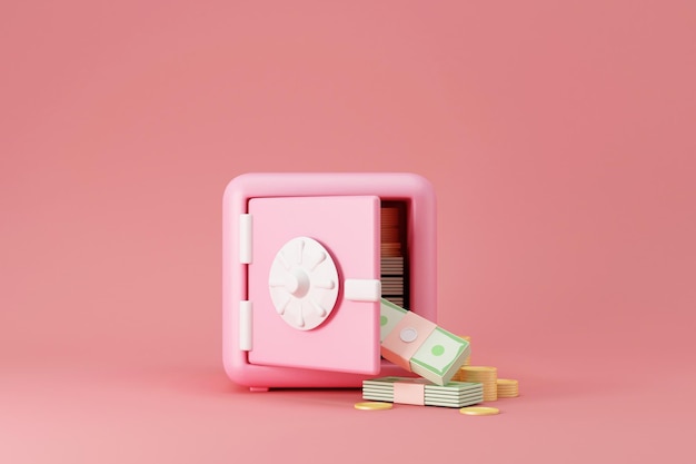 Photo cartoon open pink bank safe with money inside on pink studio background