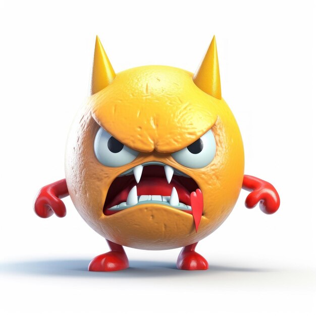 A cartoon orange ball with a red nose and a sharp teeth.