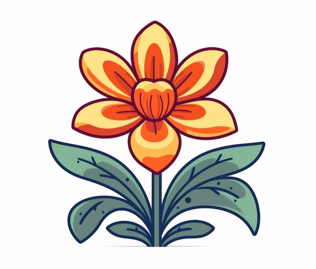 A cartoon orange flower with green leaves on a white background