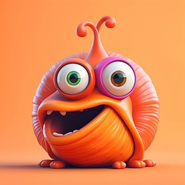 Cartoon orange monster with big eyes on orange background 3d illustration