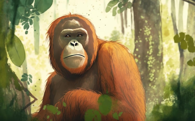 A cartoon of a orangutan in a jungle. watercolor illustrations for kids cartoon style ai generated