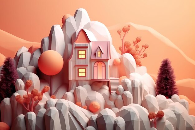 Cartoon oranje papieren huis met wolken extreme close-up Generatieve AI