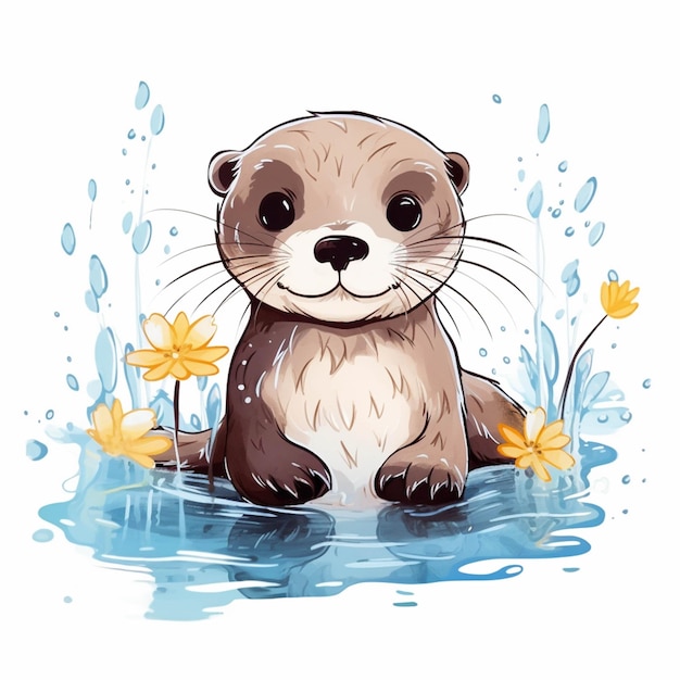 Cartoon otter sitting in the water with flowers and water droplets generative ai