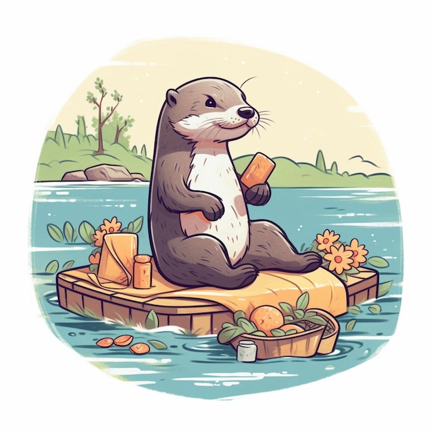 cartoon otter zit op een drijvend platform met een wortel in zijn mond generatieve ai