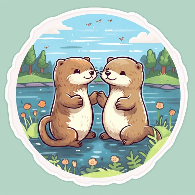 Photo cartoon otters in love by the river generative ai