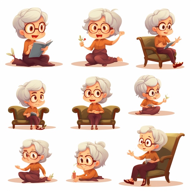 Cartoon oude vrouw zit op een stoel met verschillende poses generatieve ai