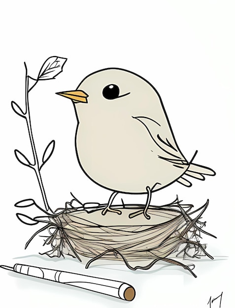 Photo cartoon outline of a cute bird in a nest with two eggs coloring page