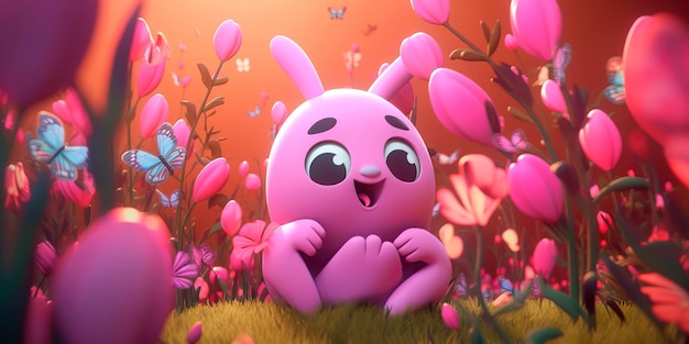 Cartoon ovary character with a feminine expression surrounded by flowers and butterflies Generative AI