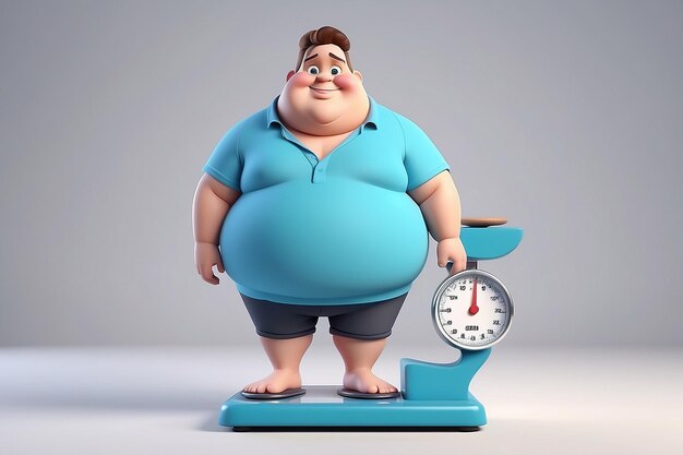 Фото Карикатурный персонаж с избыточным весом стоит на весах концепция измерения веса ожирение снижение веса фитнес здоровый образ жизни и диета 3d рендеринг