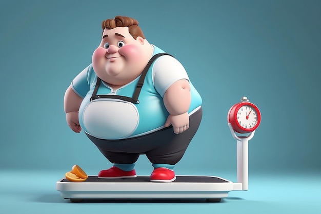 Photo cartoon overweight character stands on the scales the concept of weight measurement obesity weight loss fitness healthy lifestyle and diet 3d rendering
