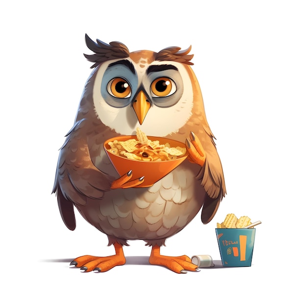 A cartoon owl is eating a box of macaroni and cheese.