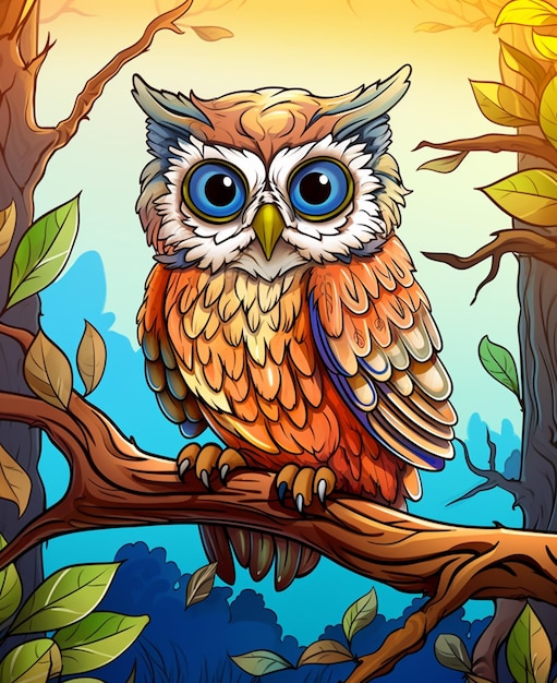 Cartoon owl sitting on a branch in a forest with sunflowers generative ai