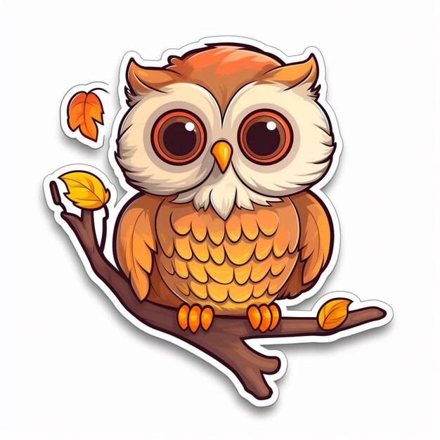 Photo cartoon owl sitting on a branch with leaves and leaves around it generative ai