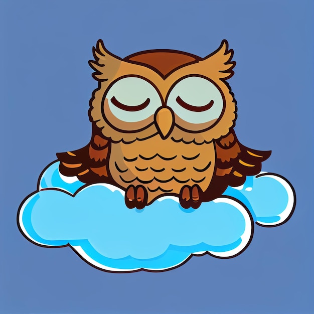 Photo cartoon owl sitting on a cloud with eyes closed generative ai