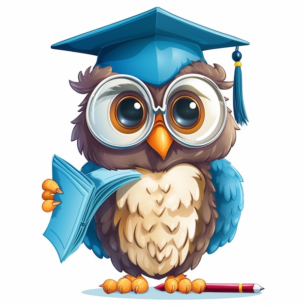 Cartoon owl wearing graduation cap and holding a book generative ai