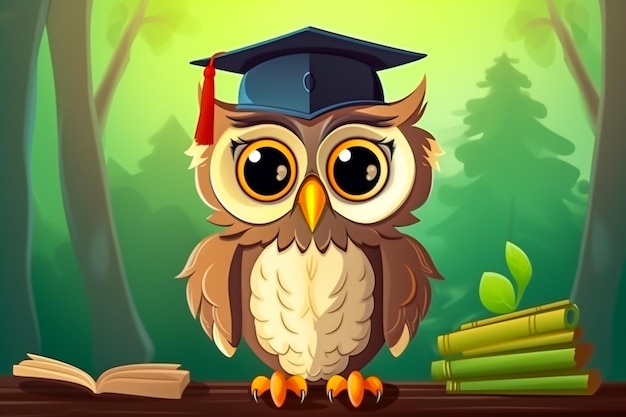 Photo cartoon owl wearing a graduation hat and holding a book generative ai
