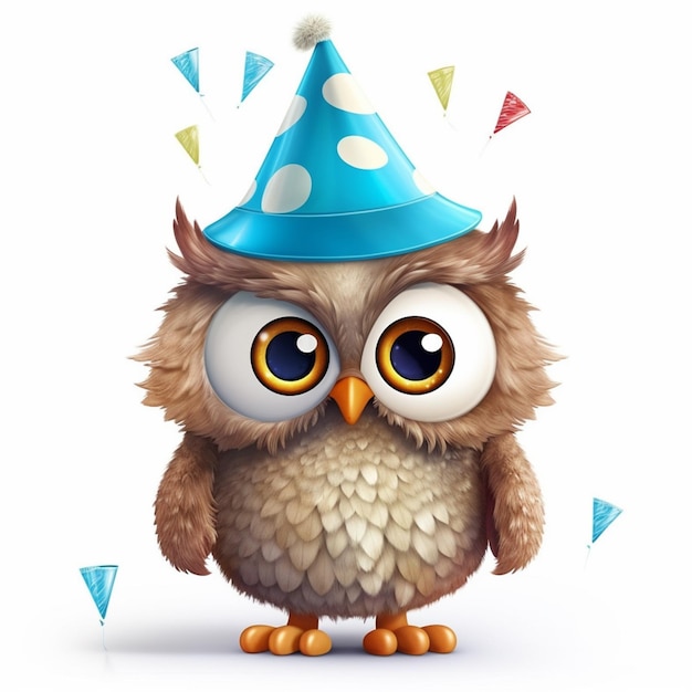 Cartoon owl wearing a party hat with big eyes generative ai