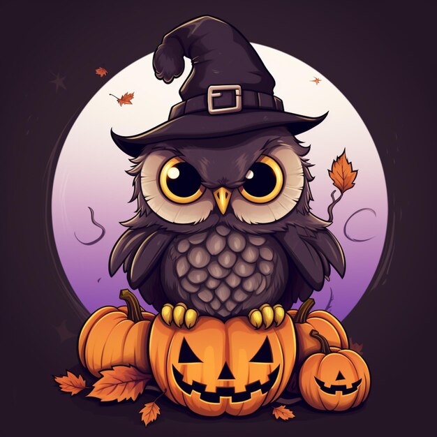 Photo cartoon owl in a witch hat sitting on a pumpkin generative ai