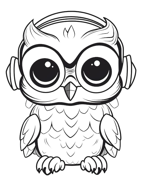 A cartoon owl with big eyes and headphones generative ai image coloring book for kids