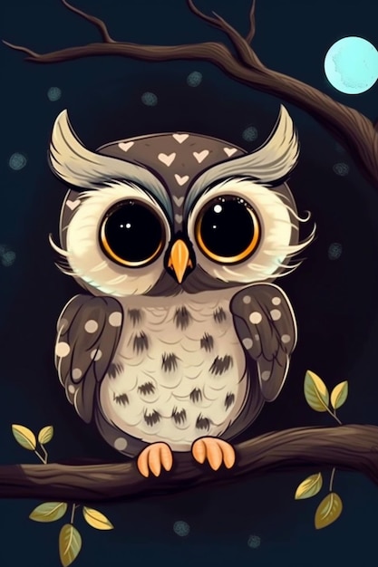 A cartoon owl with big eyes sits on a branch.