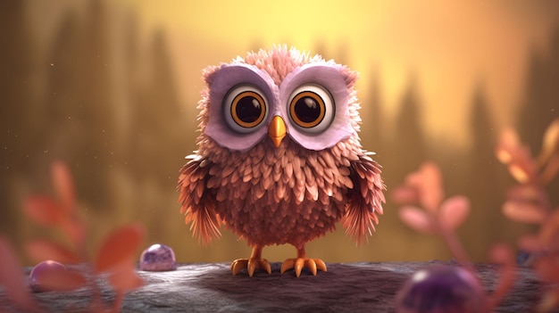 A cartoon owl with big eyes sits on a branch.