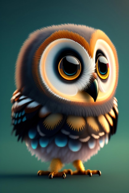 A cartoon owl with big eyes sits on a dark background