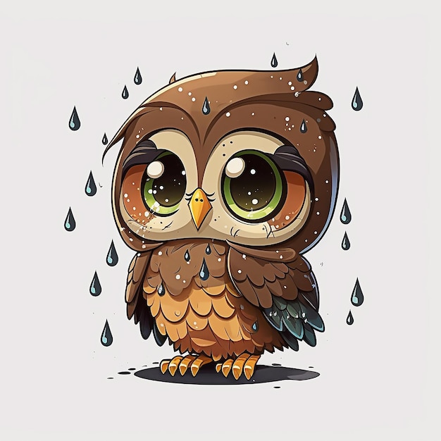 A cartoon owl with big eyes sits in the rain.