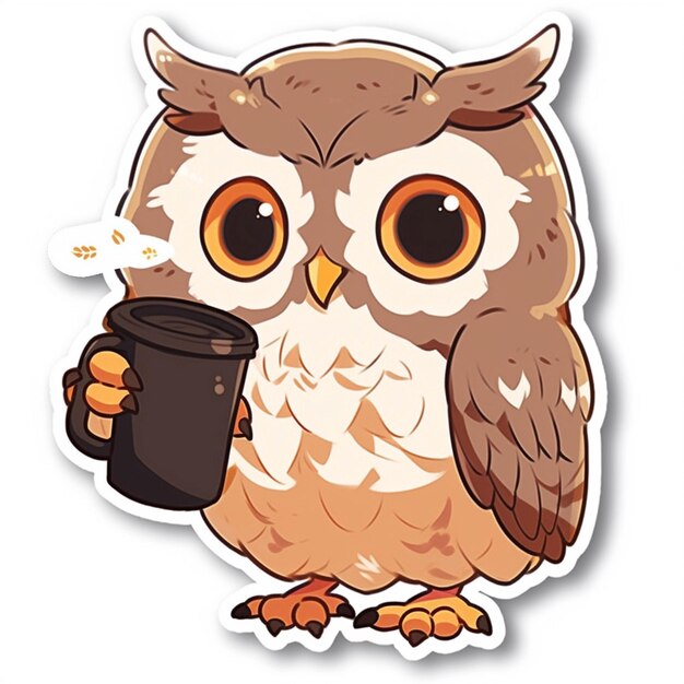 Cartoon owl with coffee cup and coffee beans in its beak generative ai