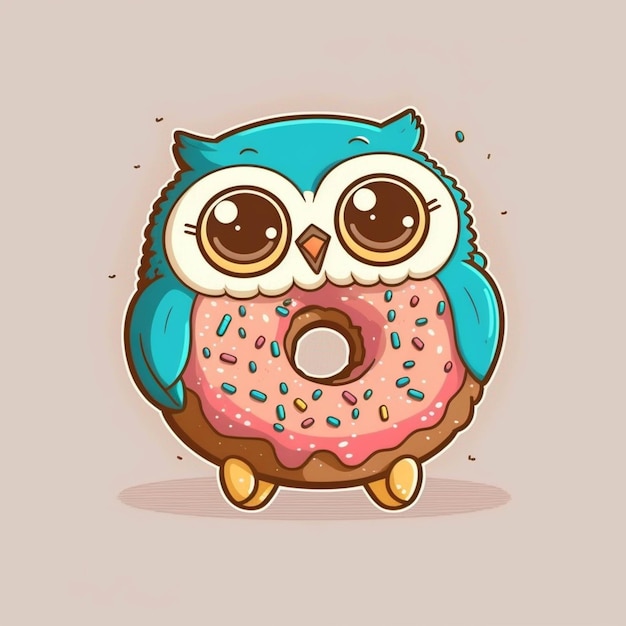Cartoon owl with donut on a light background generative ai