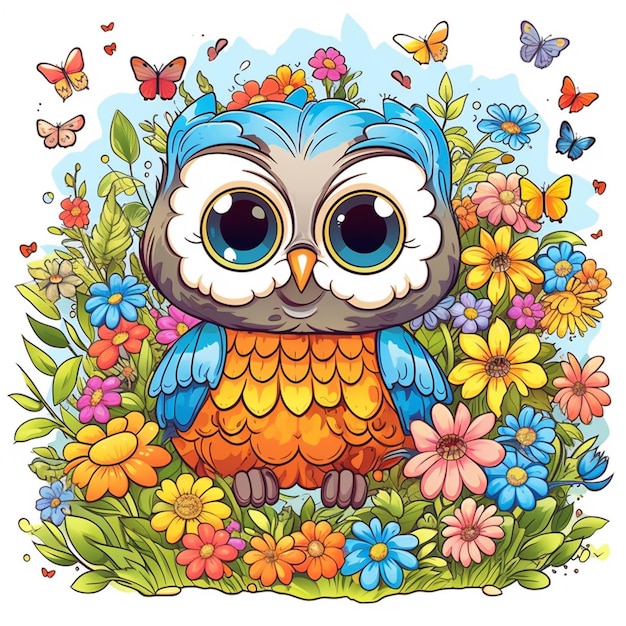 Cartoon owl with flowers and butterflies generative ai