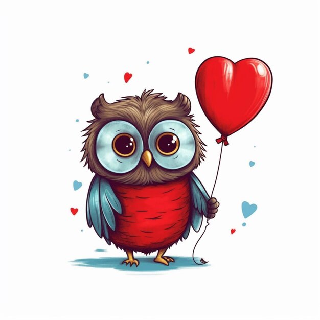 Photo cartoon owl with a red balloon and heart shaped balloons generative ai