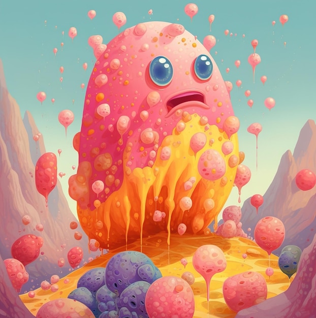 A cartoon painting of a giant monster with a blue eyes and a pink face