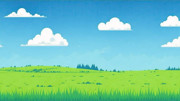 Photo cartoon painting illustration of summer fields hills landscape green grass blue sky with clouds