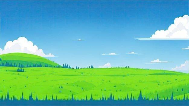 Cartoon painting illustration of summer fields hills landscape green grass blue sky with clouds