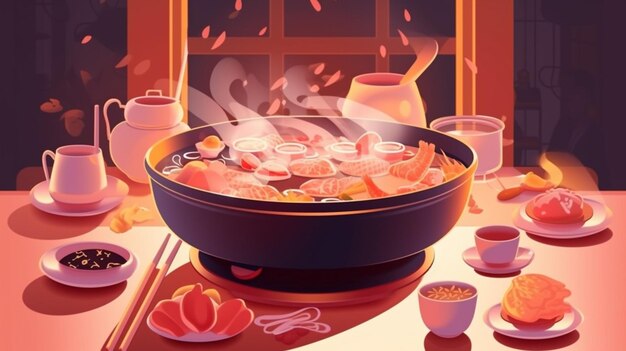 A cartoon of a pan of food cooking on a stove with a red background.