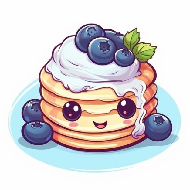 a cartoon pancakes with blueberries and cream on top generative ai