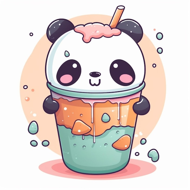 Photo cartoon panda bear holding a cup of bubble tea generative ai