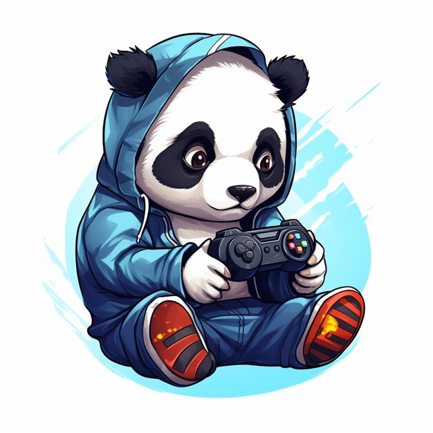 cartoon panda bear playing video game with controller in hand generative ai