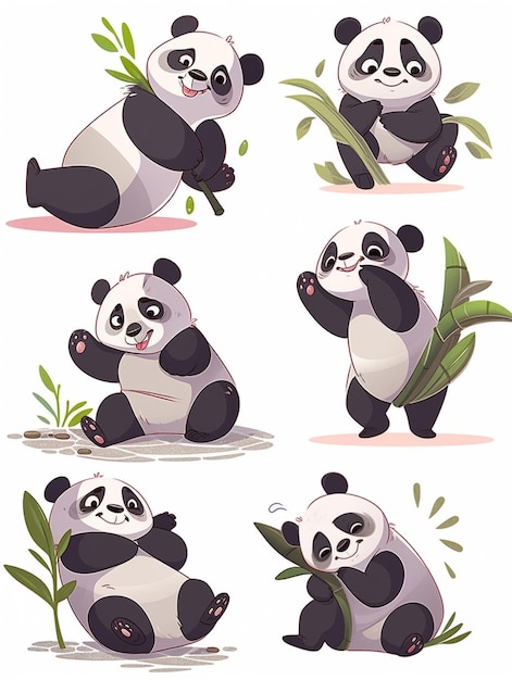 Фото Мультфильмная медведь-панда сидит и ест листья бамбука и ест генеративный ай