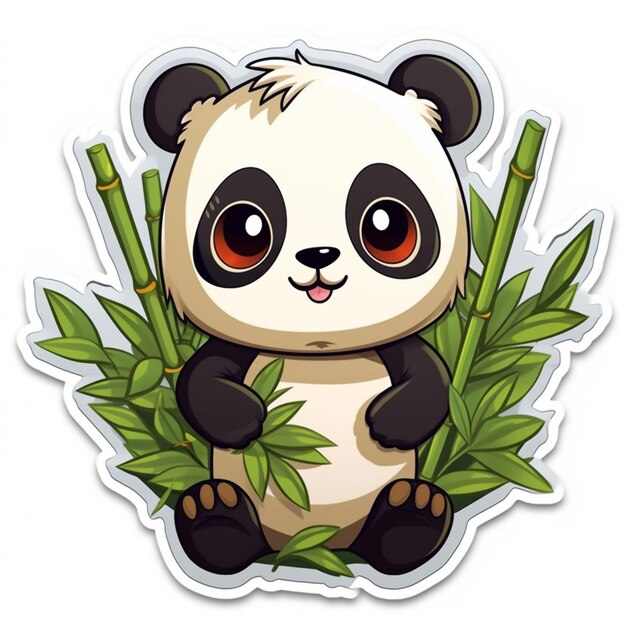 Photo cartoon panda bear sitting on bamboo leaves with big eyes generative ai