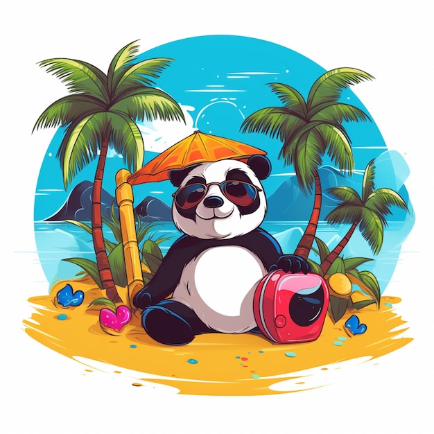 여행가방과 우산을 들고 해변에 앉아 있는 만화 팬더 곰 생성 ai