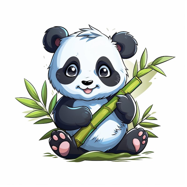 Фото Мультфильм панда-медведь сидит на земле с бамбуковыми палками